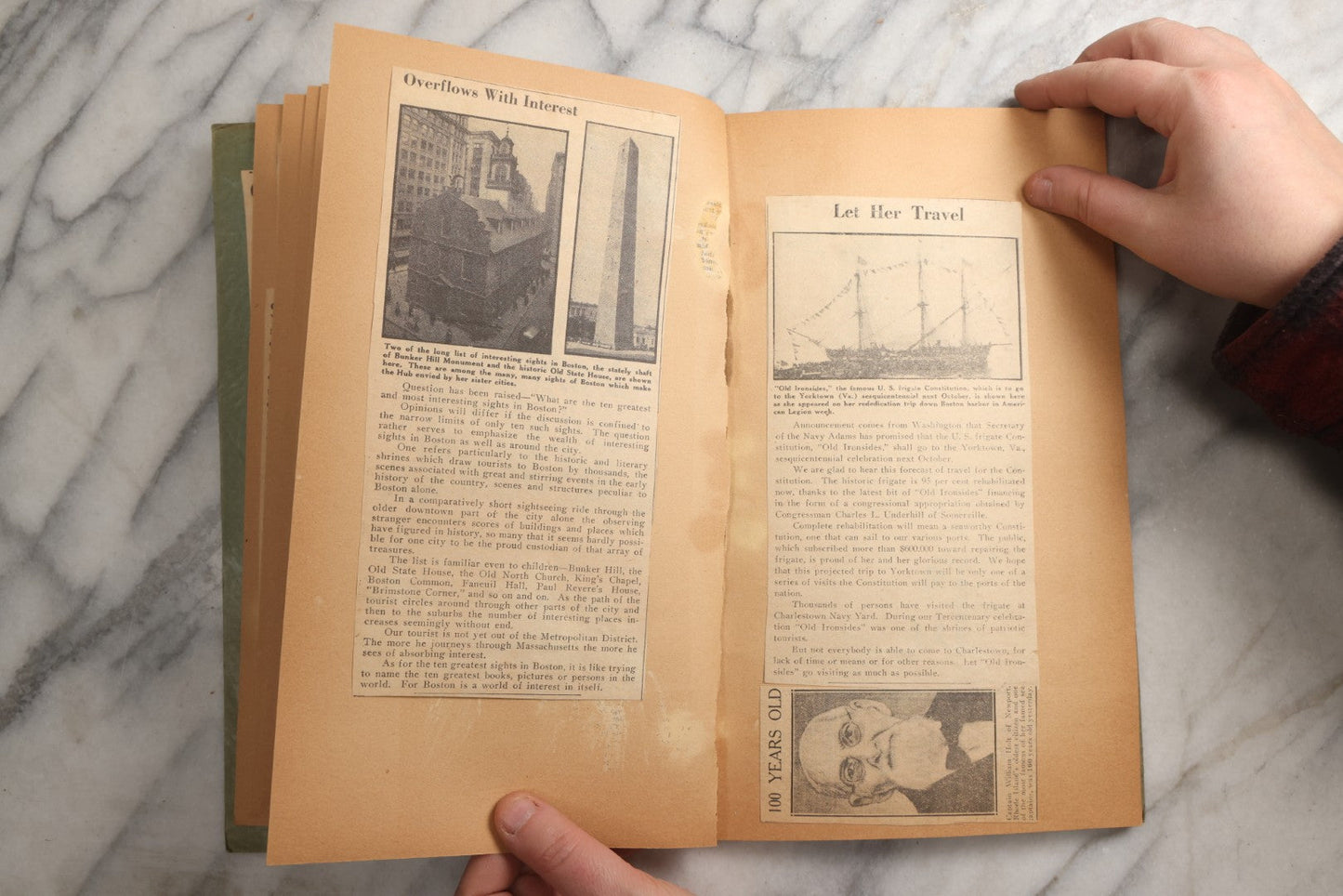 Lot 089 - Antique Teal Paperboard Scrapbook Album With "Historic Shrines Of Massachusetts" Newspaper Series And New England Ephemera, Circa 1936