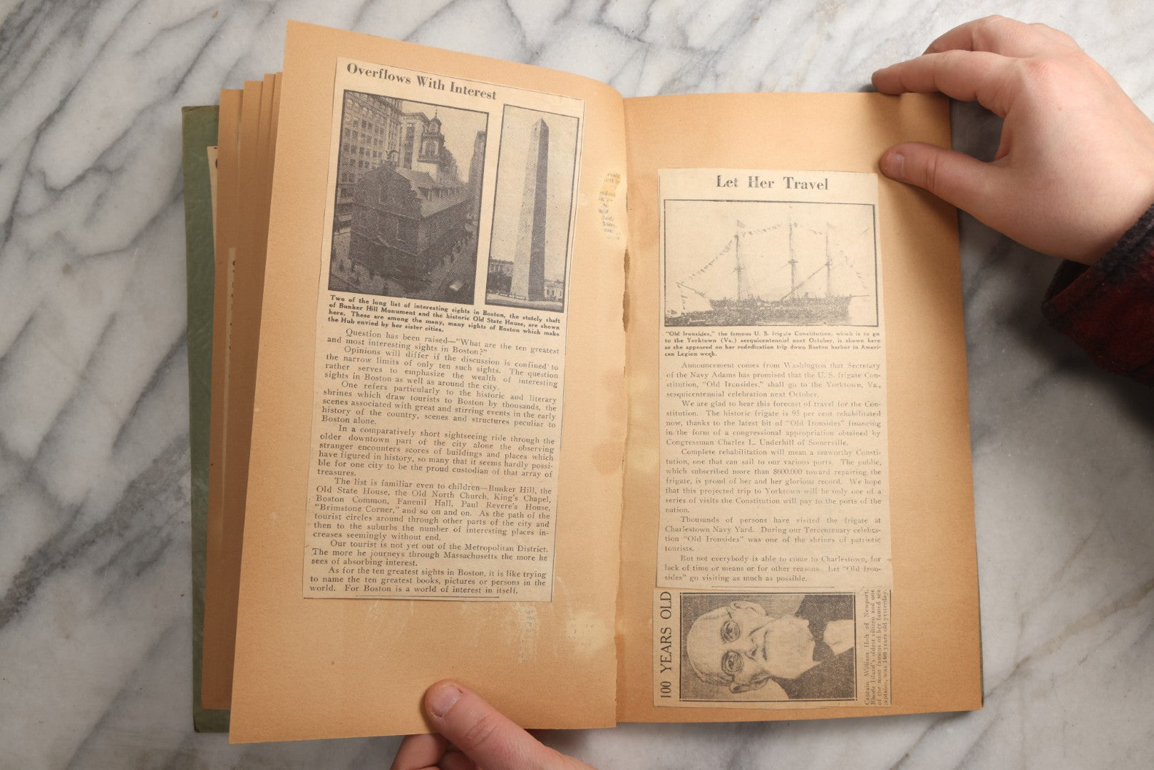 Lot 089 - Antique Teal Paperboard Scrapbook Album With "Historic Shrines Of Massachusetts" Newspaper Series And New England Ephemera, Circa 1936