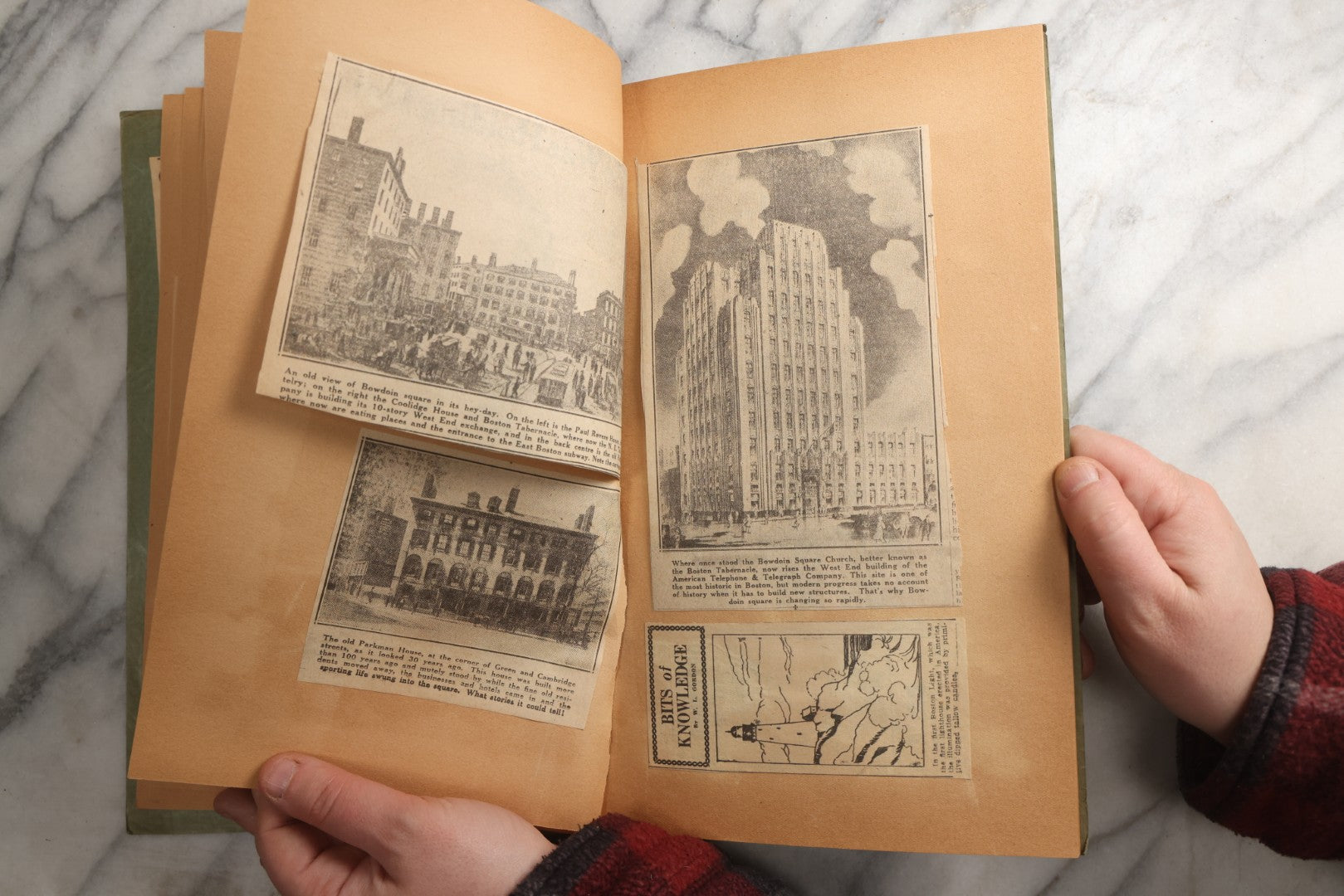 Lot 089 - Antique Teal Paperboard Scrapbook Album With "Historic Shrines Of Massachusetts" Newspaper Series And New England Ephemera, Circa 1936