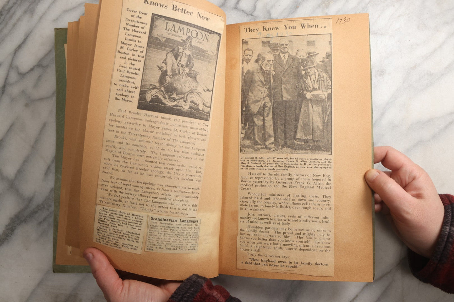 Lot 089 - Antique Teal Paperboard Scrapbook Album With "Historic Shrines Of Massachusetts" Newspaper Series And New England Ephemera, Circa 1936