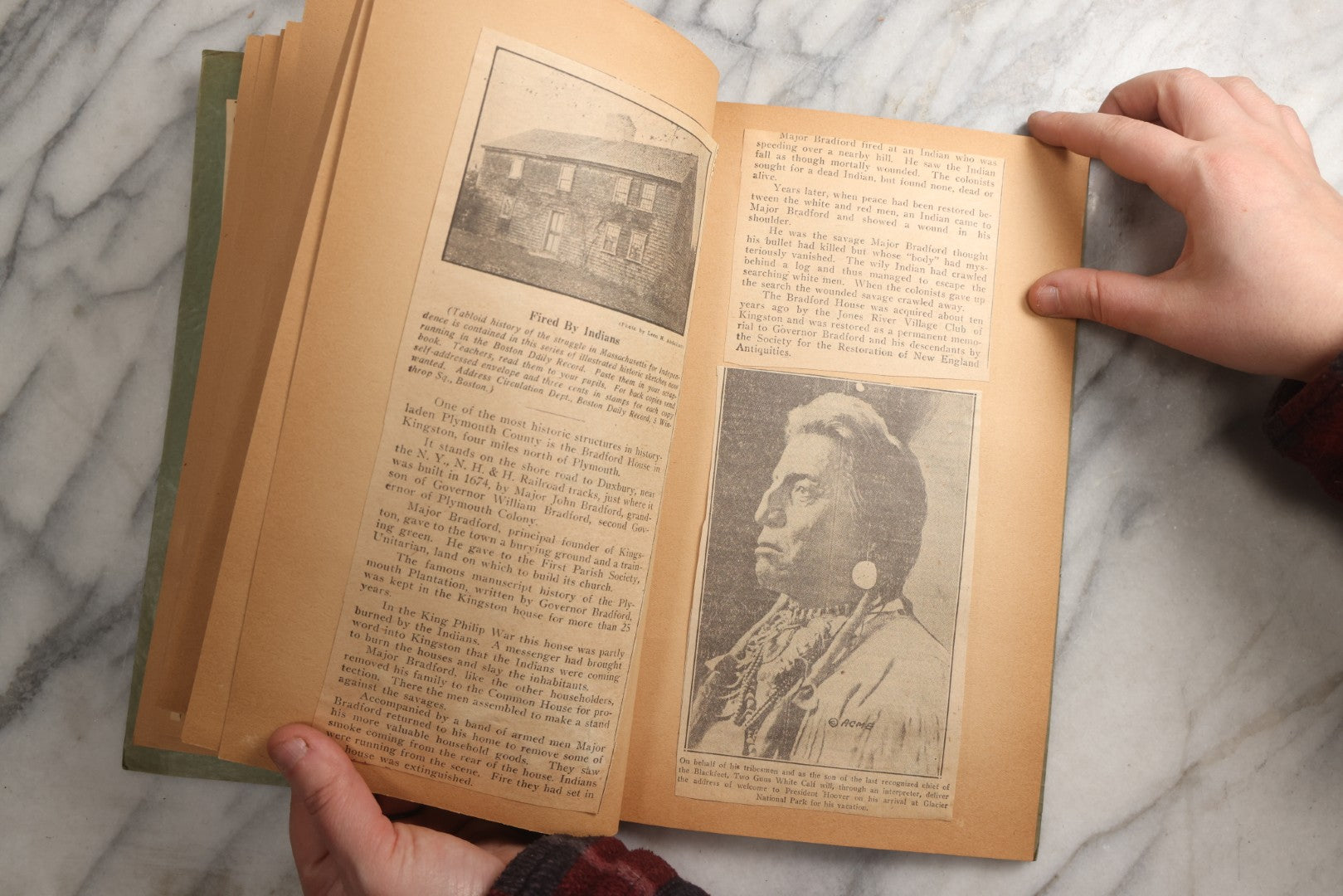 Lot 089 - Antique Teal Paperboard Scrapbook Album With "Historic Shrines Of Massachusetts" Newspaper Series And New England Ephemera, Circa 1936