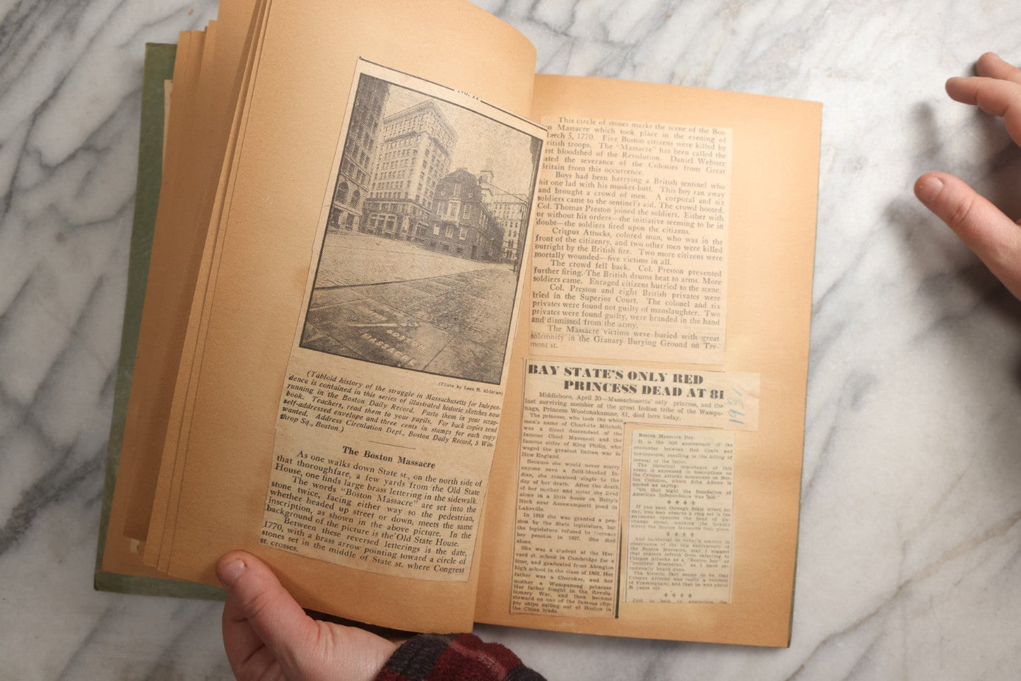 Lot 089 - Antique Teal Paperboard Scrapbook Album With "Historic Shrines Of Massachusetts" Newspaper Series And New England Ephemera, Circa 1936