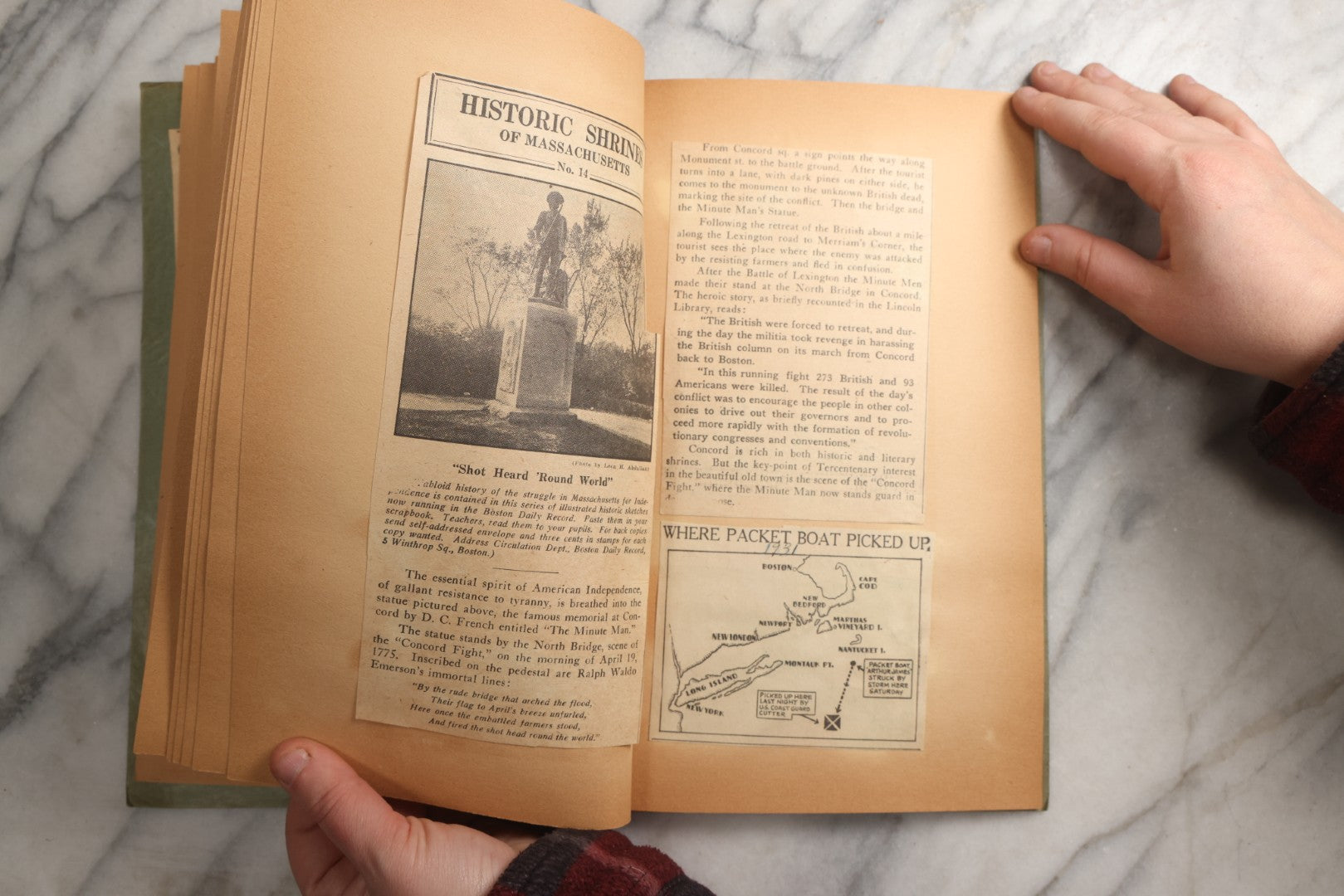 Lot 089 - Antique Teal Paperboard Scrapbook Album With "Historic Shrines Of Massachusetts" Newspaper Series And New England Ephemera, Circa 1936