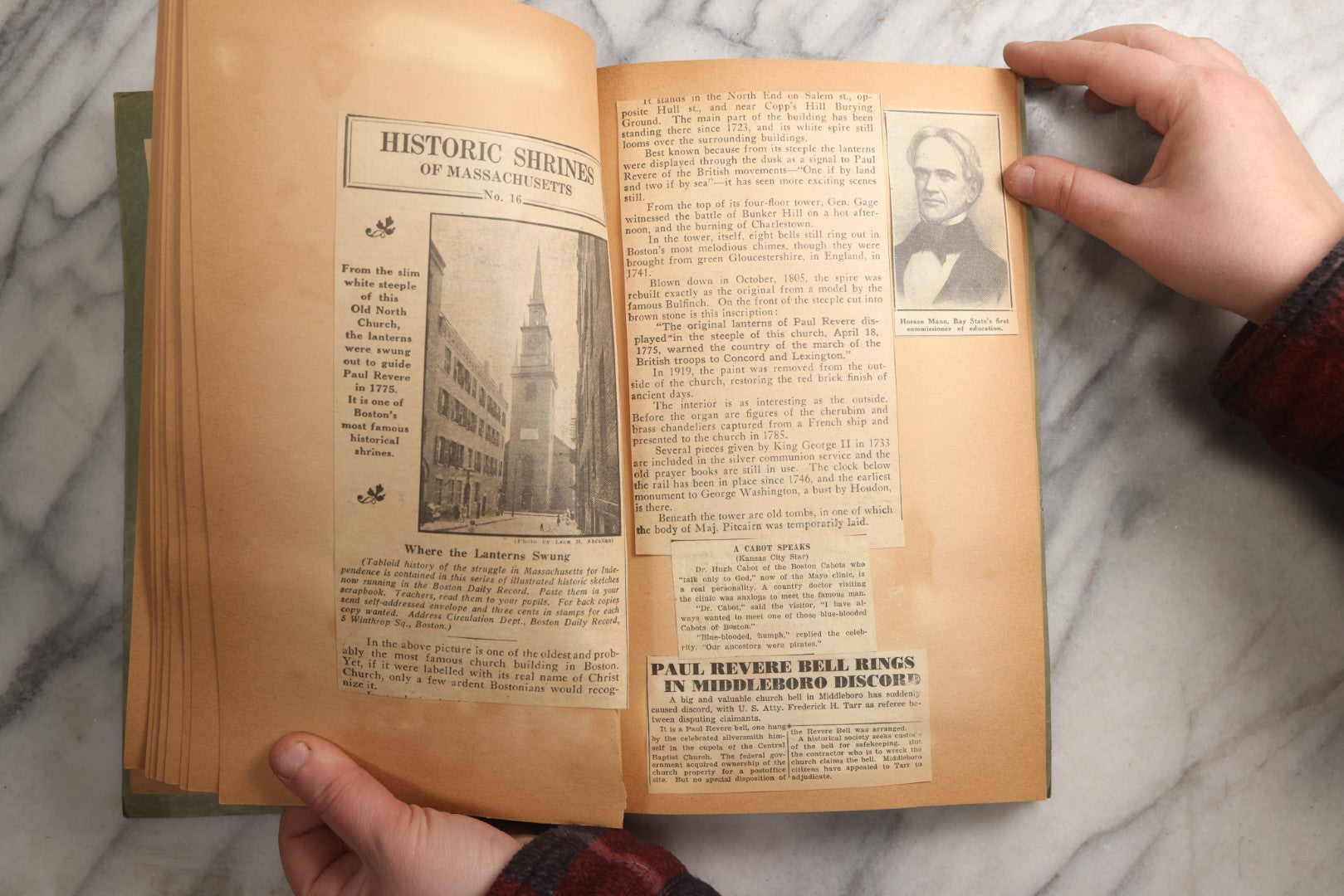 Lot 089 - Antique Teal Paperboard Scrapbook Album With "Historic Shrines Of Massachusetts" Newspaper Series And New England Ephemera, Circa 1936