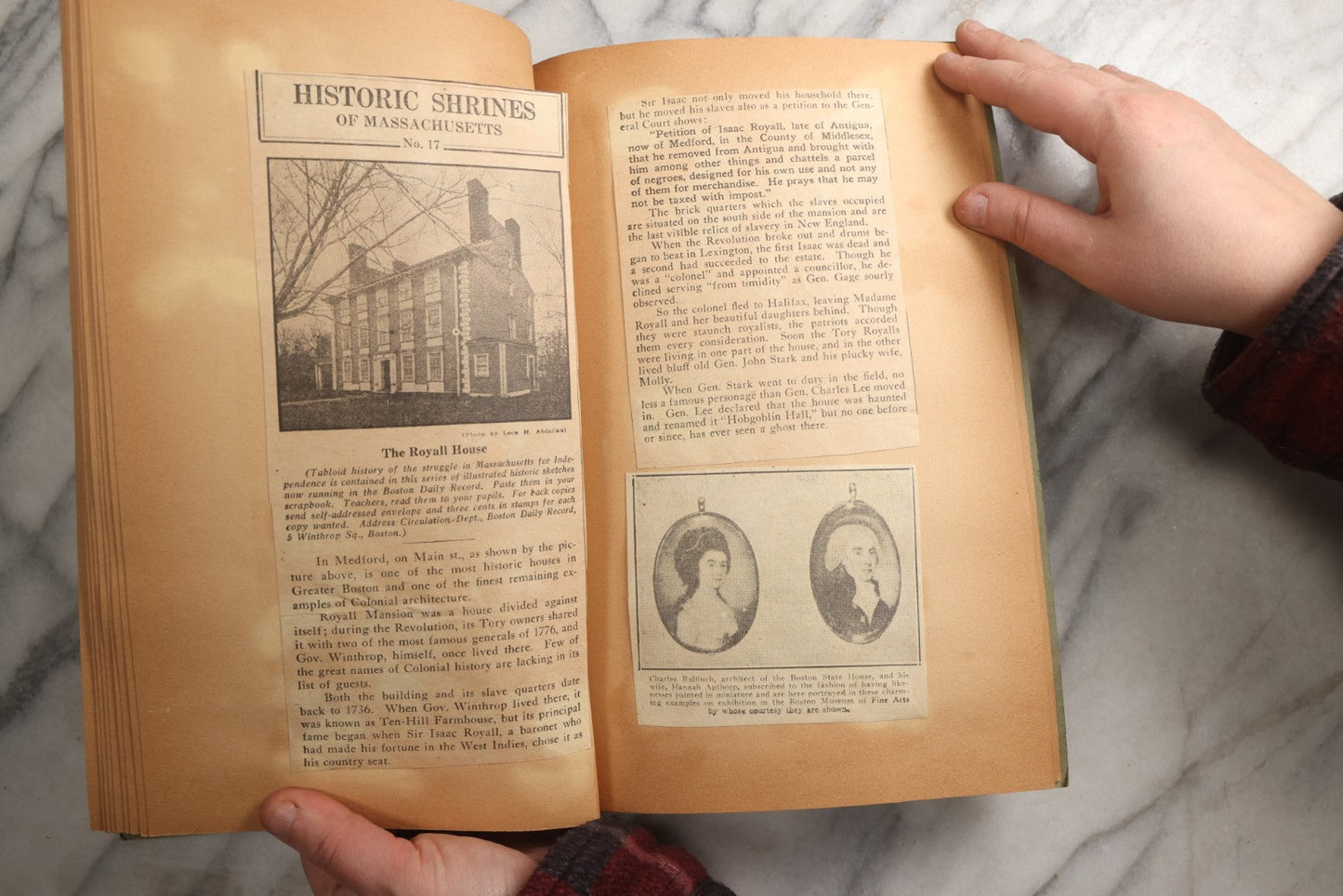 Lot 089 - Antique Teal Paperboard Scrapbook Album With "Historic Shrines Of Massachusetts" Newspaper Series And New England Ephemera, Circa 1936