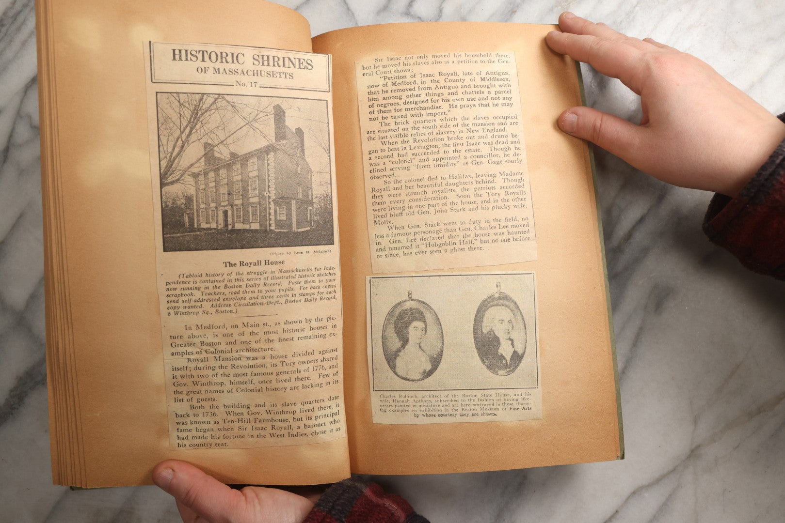 Lot 089 - Antique Teal Paperboard Scrapbook Album With "Historic Shrines Of Massachusetts" Newspaper Series And New England Ephemera, Circa 1936