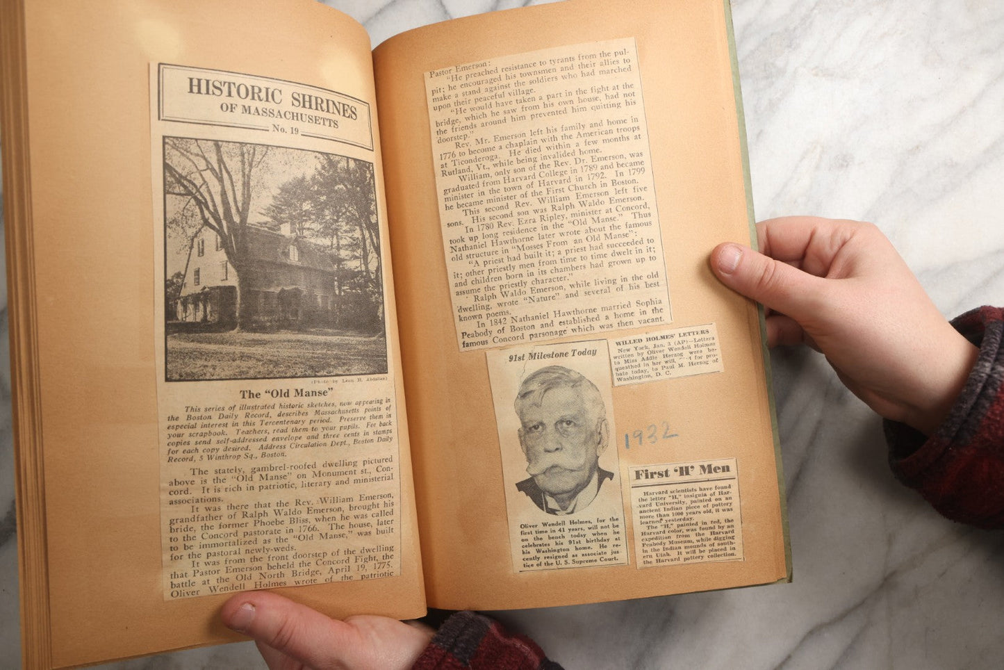 Lot 089 - Antique Teal Paperboard Scrapbook Album With "Historic Shrines Of Massachusetts" Newspaper Series And New England Ephemera, Circa 1936