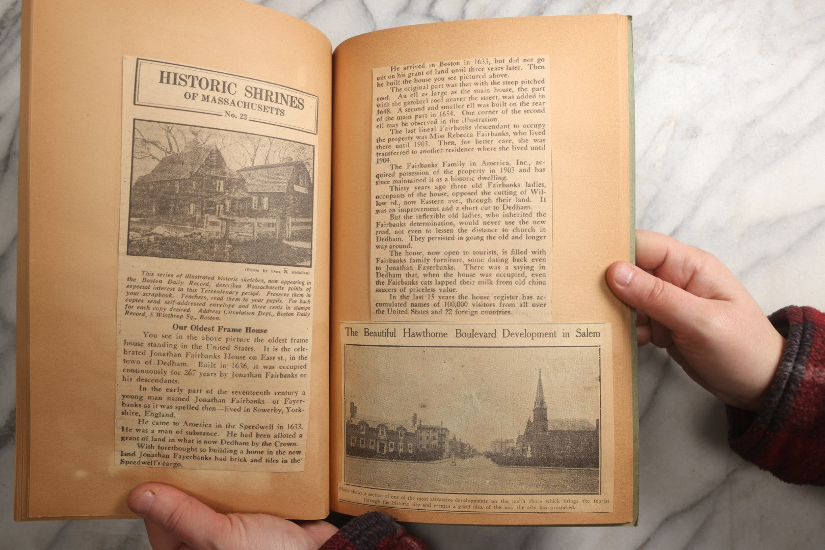 Lot 089 - Antique Teal Paperboard Scrapbook Album With "Historic Shrines Of Massachusetts" Newspaper Series And New England Ephemera, Circa 1936