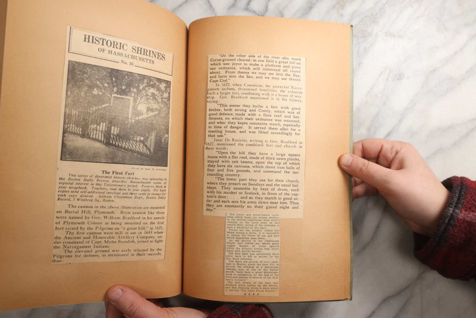 Lot 089 - Antique Teal Paperboard Scrapbook Album With "Historic Shrines Of Massachusetts" Newspaper Series And New England Ephemera, Circa 1936