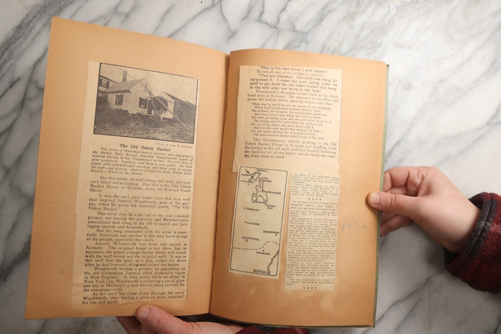 Lot 089 - Antique Teal Paperboard Scrapbook Album With "Historic Shrines Of Massachusetts" Newspaper Series And New England Ephemera, Circa 1936