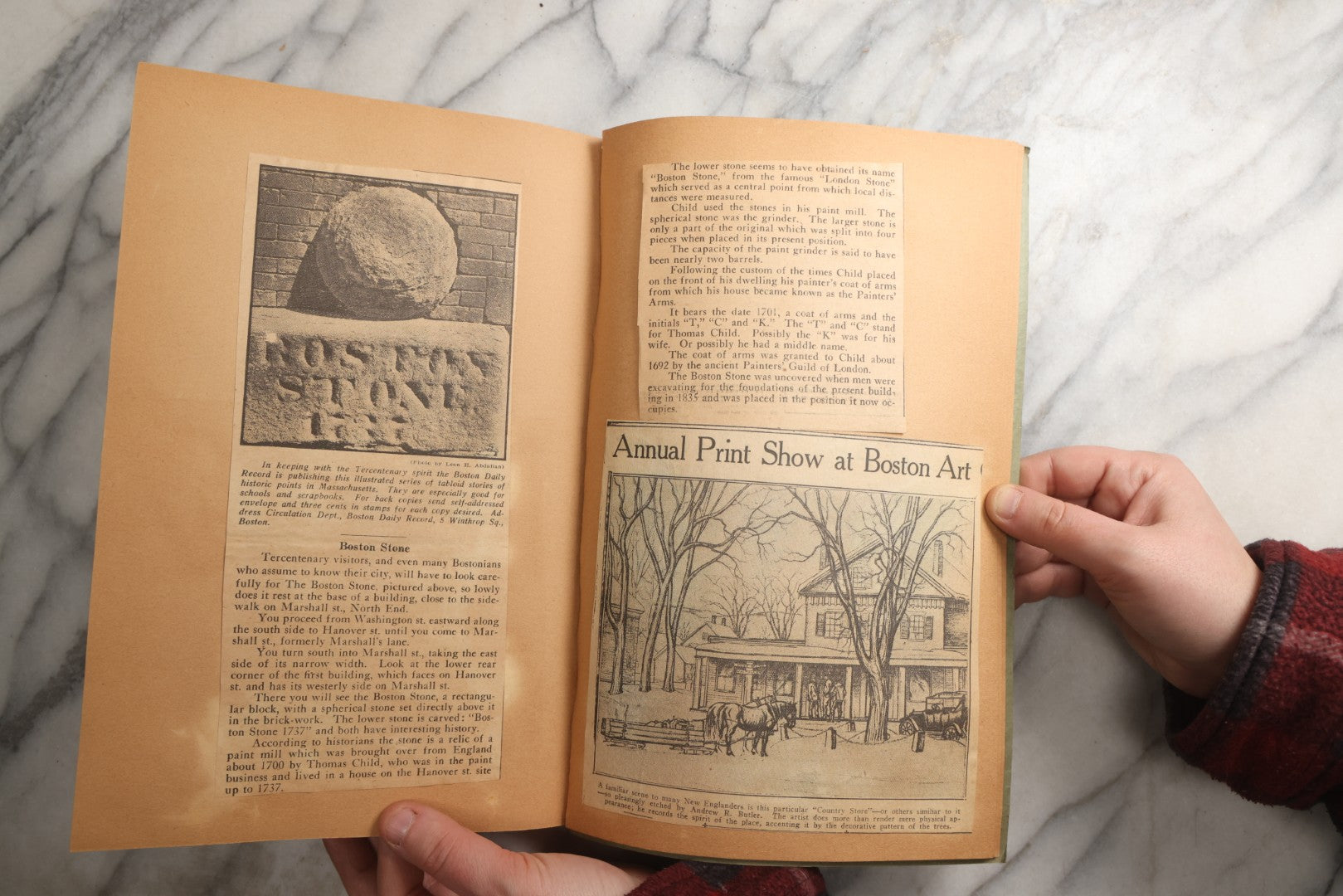 Lot 089 - Antique Teal Paperboard Scrapbook Album With "Historic Shrines Of Massachusetts" Newspaper Series And New England Ephemera, Circa 1936