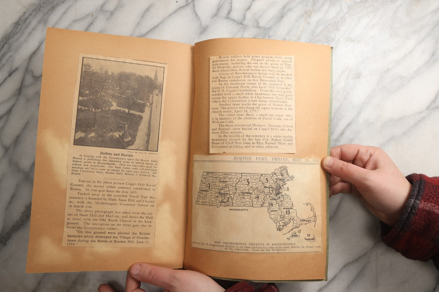 Lot 089 - Antique Teal Paperboard Scrapbook Album With "Historic Shrines Of Massachusetts" Newspaper Series And New England Ephemera, Circa 1936