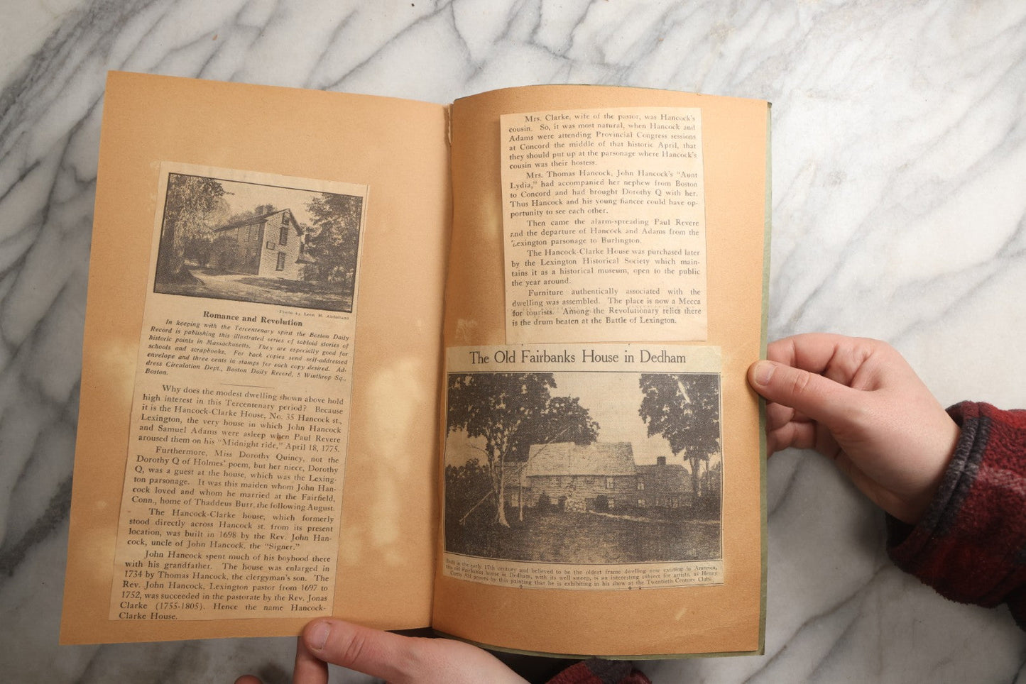 Lot 089 - Antique Teal Paperboard Scrapbook Album With "Historic Shrines Of Massachusetts" Newspaper Series And New England Ephemera, Circa 1936