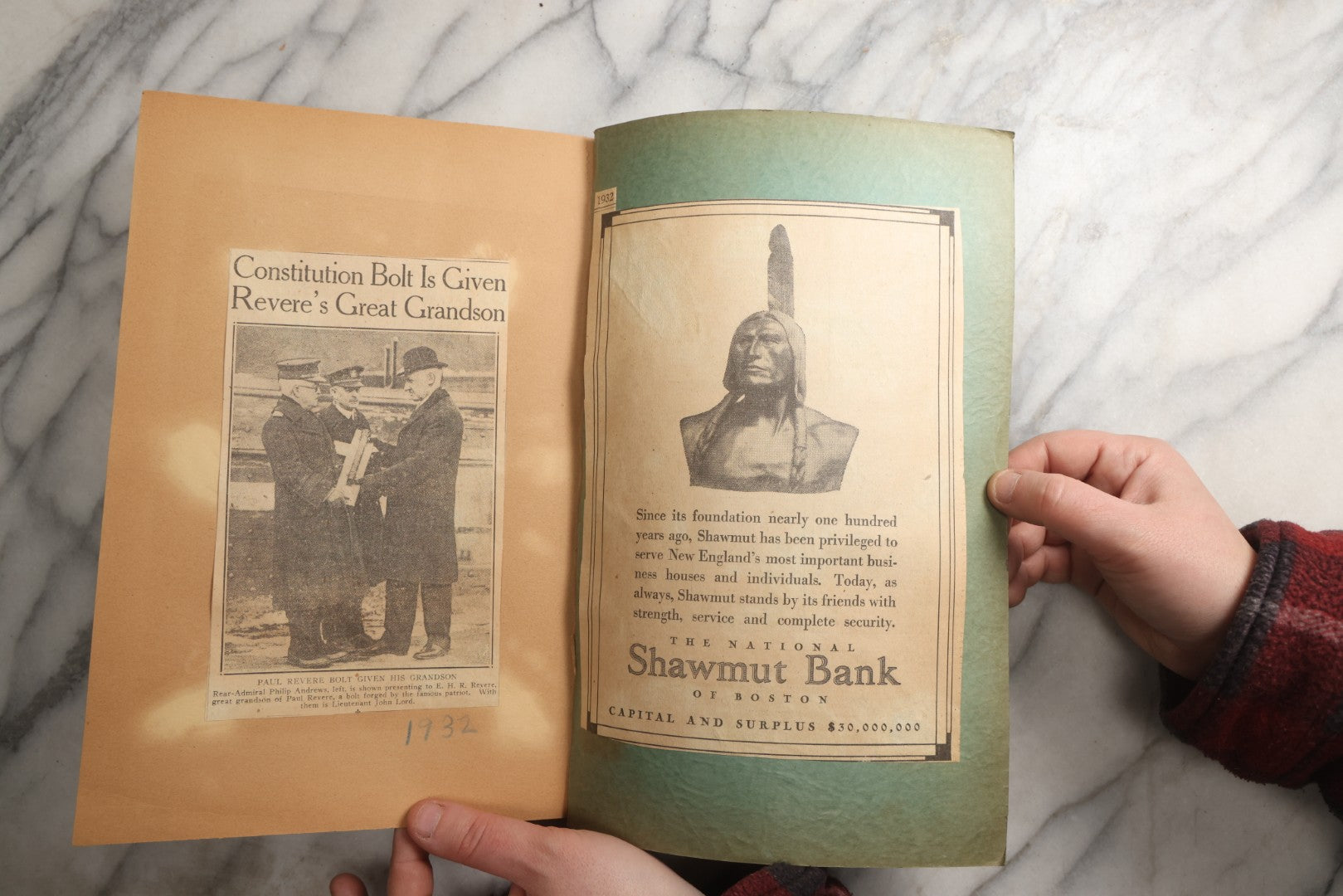 Lot 089 - Antique Teal Paperboard Scrapbook Album With "Historic Shrines Of Massachusetts" Newspaper Series And New England Ephemera, Circa 1936