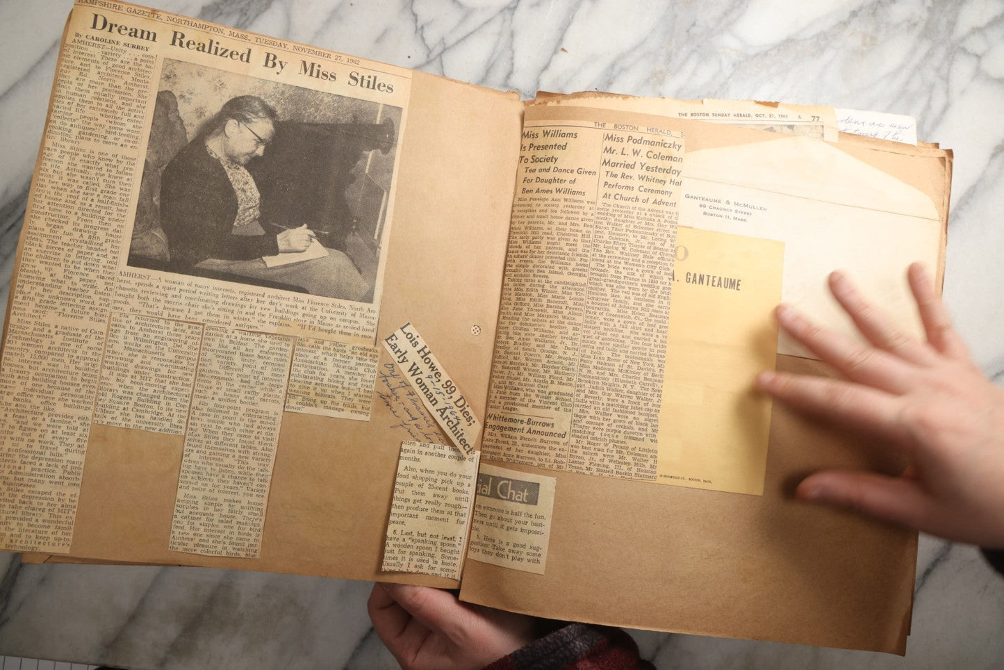 Lot 090 - Antique Brown Craft Paper Scrapbook Album With Boston, Providence, England, St. Petersburg, Bar Harbor, Mt. Vernon, Architecture, Obituaries, Politicians, And War Ephemera, Circa 1944