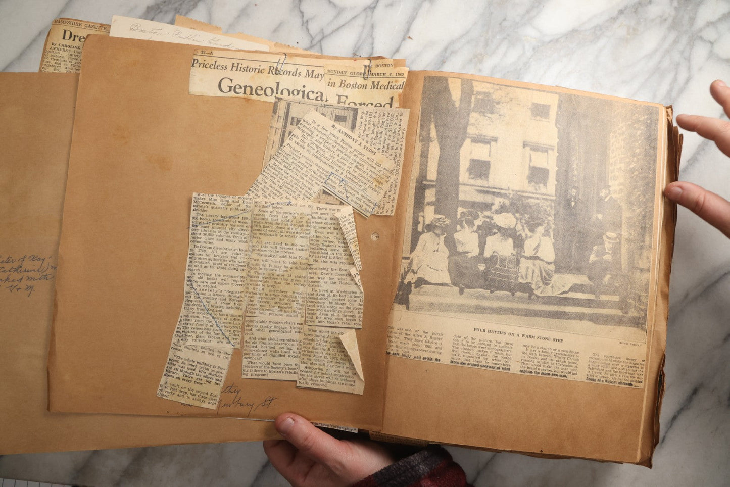 Lot 090 - Antique Brown Craft Paper Scrapbook Album With Boston, Providence, England, St. Petersburg, Bar Harbor, Mt. Vernon, Architecture, Obituaries, Politicians, And War Ephemera, Circa 1944