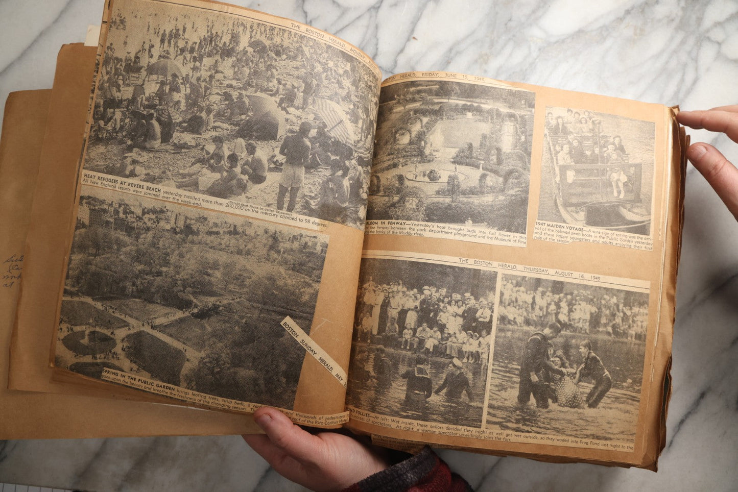 Lot 090 - Antique Brown Craft Paper Scrapbook Album With Boston, Providence, England, St. Petersburg, Bar Harbor, Mt. Vernon, Architecture, Obituaries, Politicians, And War Ephemera, Circa 1944