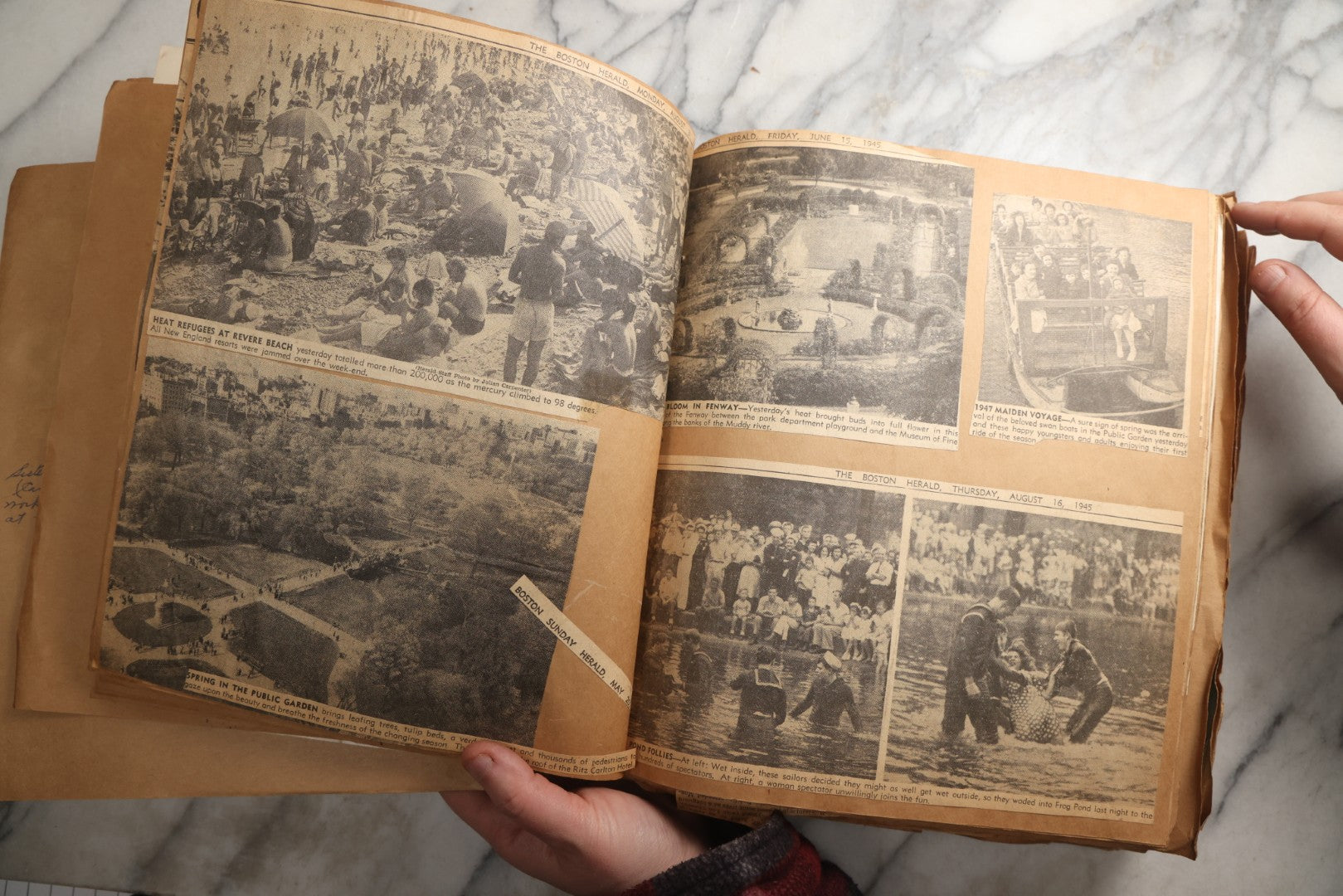 Lot 090 - Antique Brown Craft Paper Scrapbook Album With Boston, Providence, England, St. Petersburg, Bar Harbor, Mt. Vernon, Architecture, Obituaries, Politicians, And War Ephemera, Circa 1944