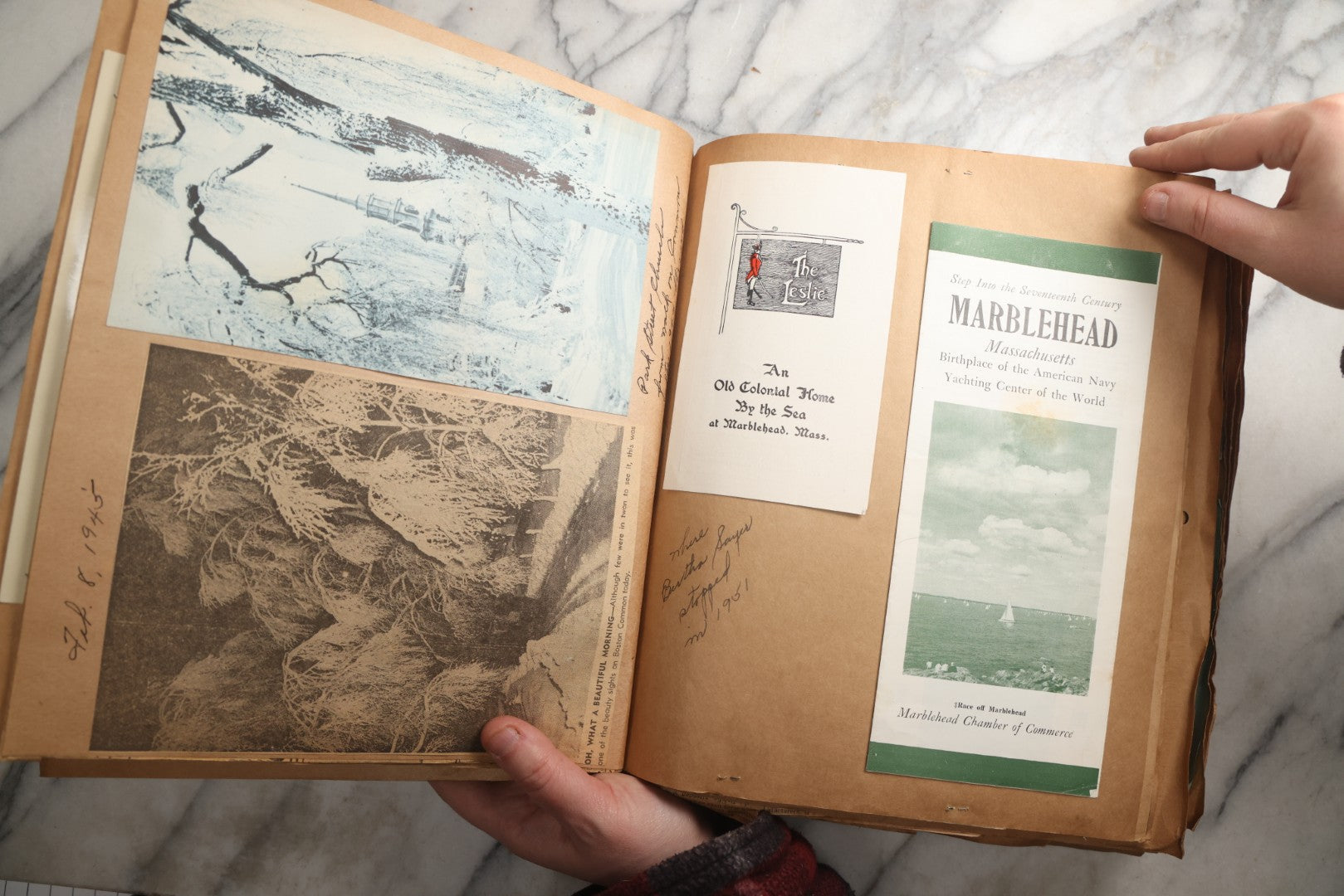 Lot 090 - Antique Brown Craft Paper Scrapbook Album With Boston, Providence, England, St. Petersburg, Bar Harbor, Mt. Vernon, Architecture, Obituaries, Politicians, And War Ephemera, Circa 1944