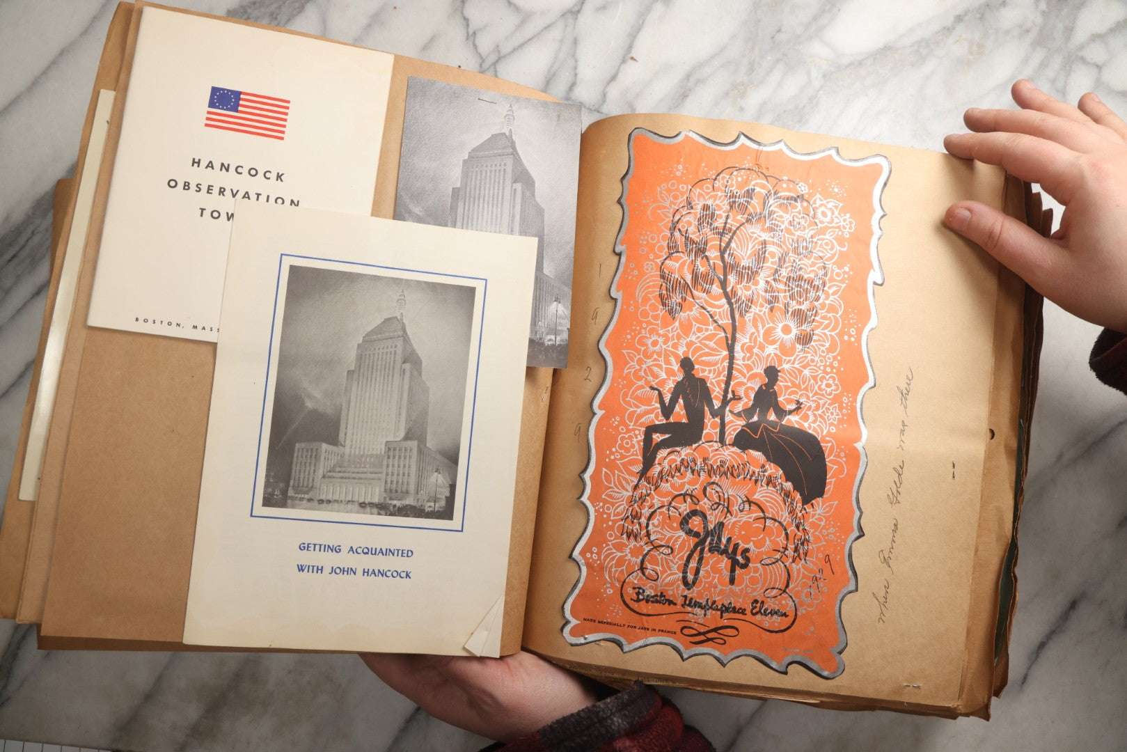 Lot 090 - Antique Brown Craft Paper Scrapbook Album With Boston, Providence, England, St. Petersburg, Bar Harbor, Mt. Vernon, Architecture, Obituaries, Politicians, And War Ephemera, Circa 1944