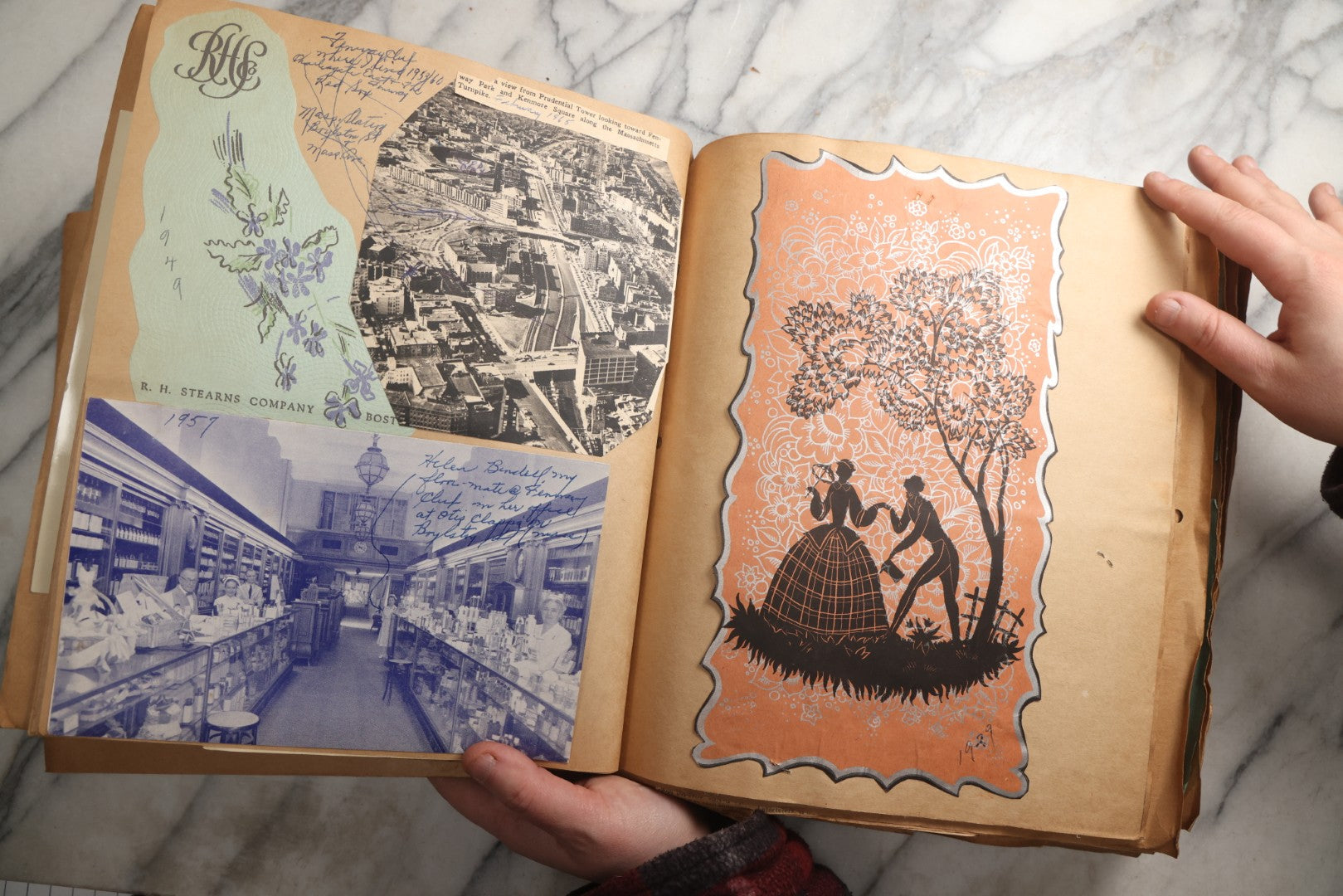 Lot 090 - Antique Brown Craft Paper Scrapbook Album With Boston, Providence, England, St. Petersburg, Bar Harbor, Mt. Vernon, Architecture, Obituaries, Politicians, And War Ephemera, Circa 1944