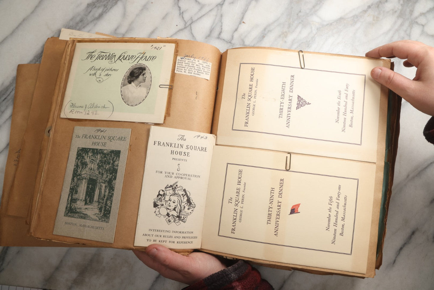 Lot 090 - Antique Brown Craft Paper Scrapbook Album With Boston, Providence, England, St. Petersburg, Bar Harbor, Mt. Vernon, Architecture, Obituaries, Politicians, And War Ephemera, Circa 1944