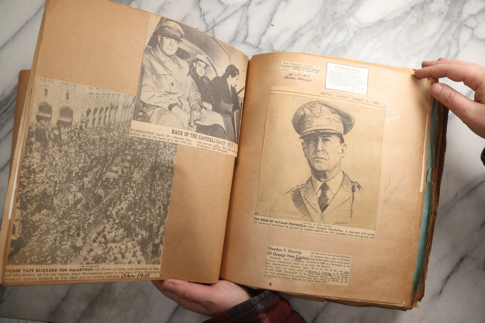 Lot 090 - Antique Brown Craft Paper Scrapbook Album With Boston, Providence, England, St. Petersburg, Bar Harbor, Mt. Vernon, Architecture, Obituaries, Politicians, And War Ephemera, Circa 1944