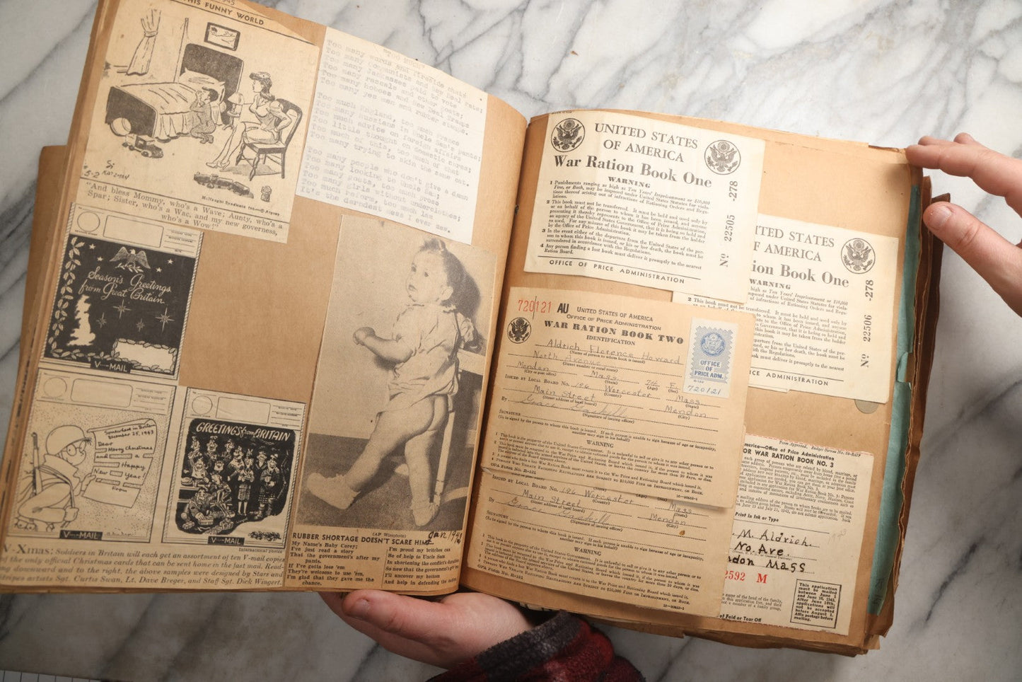Lot 090 - Antique Brown Craft Paper Scrapbook Album With Boston, Providence, England, St. Petersburg, Bar Harbor, Mt. Vernon, Architecture, Obituaries, Politicians, And War Ephemera, Circa 1944