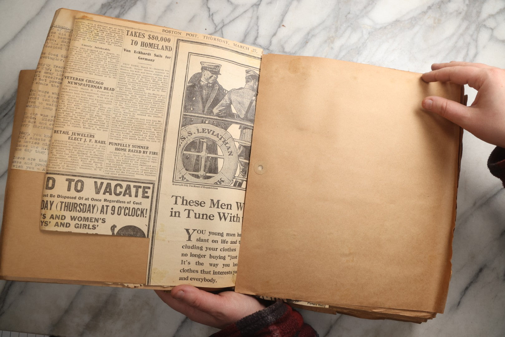 Lot 090 - Antique Brown Craft Paper Scrapbook Album With Boston, Providence, England, St. Petersburg, Bar Harbor, Mt. Vernon, Architecture, Obituaries, Politicians, And War Ephemera, Circa 1944