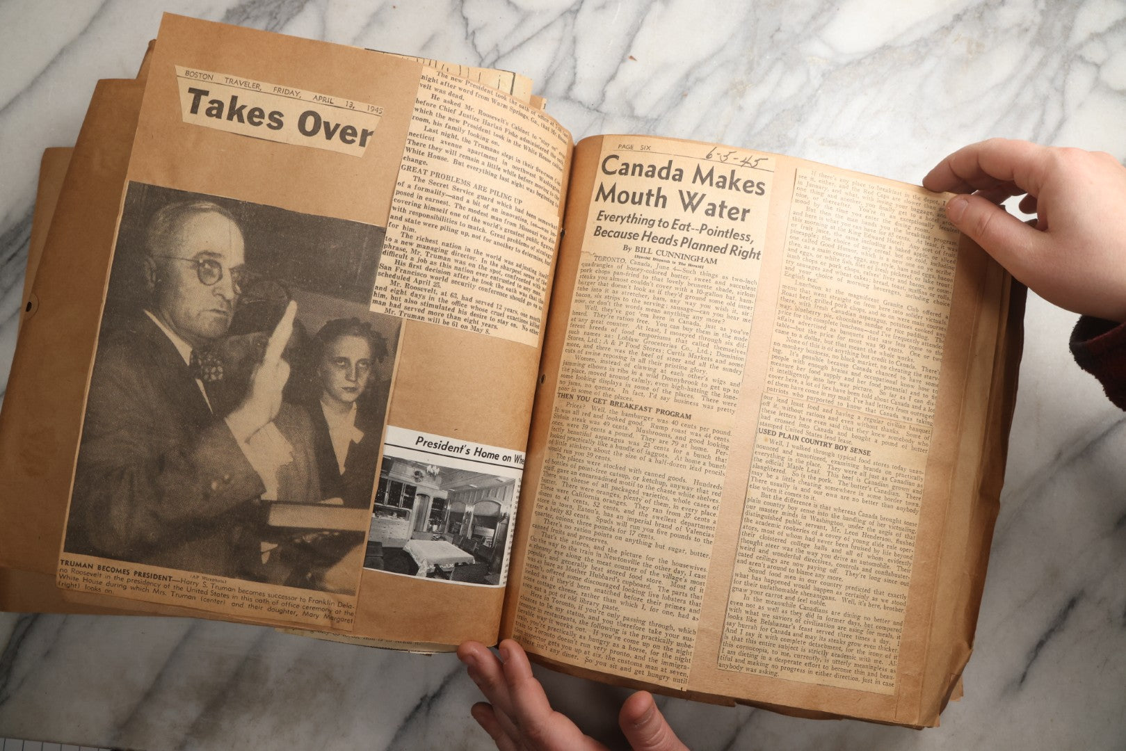 Lot 090 - Antique Brown Craft Paper Scrapbook Album With Boston, Providence, England, St. Petersburg, Bar Harbor, Mt. Vernon, Architecture, Obituaries, Politicians, And War Ephemera, Circa 1944