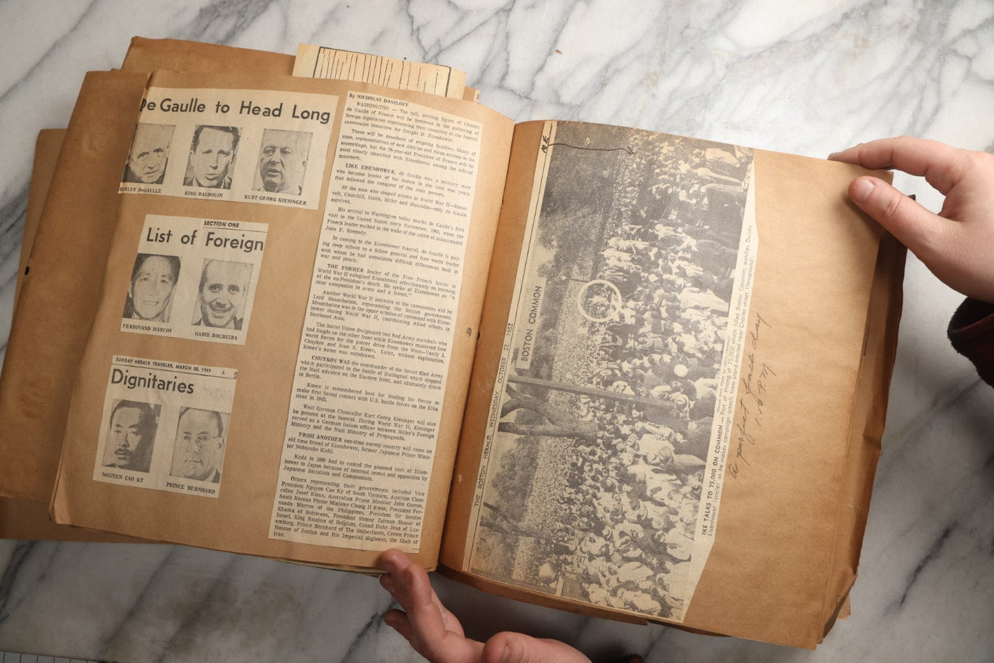 Lot 090 - Antique Brown Craft Paper Scrapbook Album With Boston, Providence, England, St. Petersburg, Bar Harbor, Mt. Vernon, Architecture, Obituaries, Politicians, And War Ephemera, Circa 1944