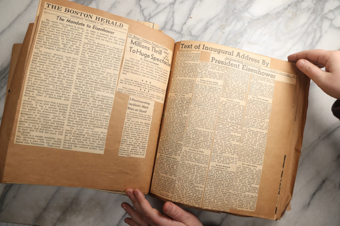 Lot 090 - Antique Brown Craft Paper Scrapbook Album With Boston, Providence, England, St. Petersburg, Bar Harbor, Mt. Vernon, Architecture, Obituaries, Politicians, And War Ephemera, Circa 1944