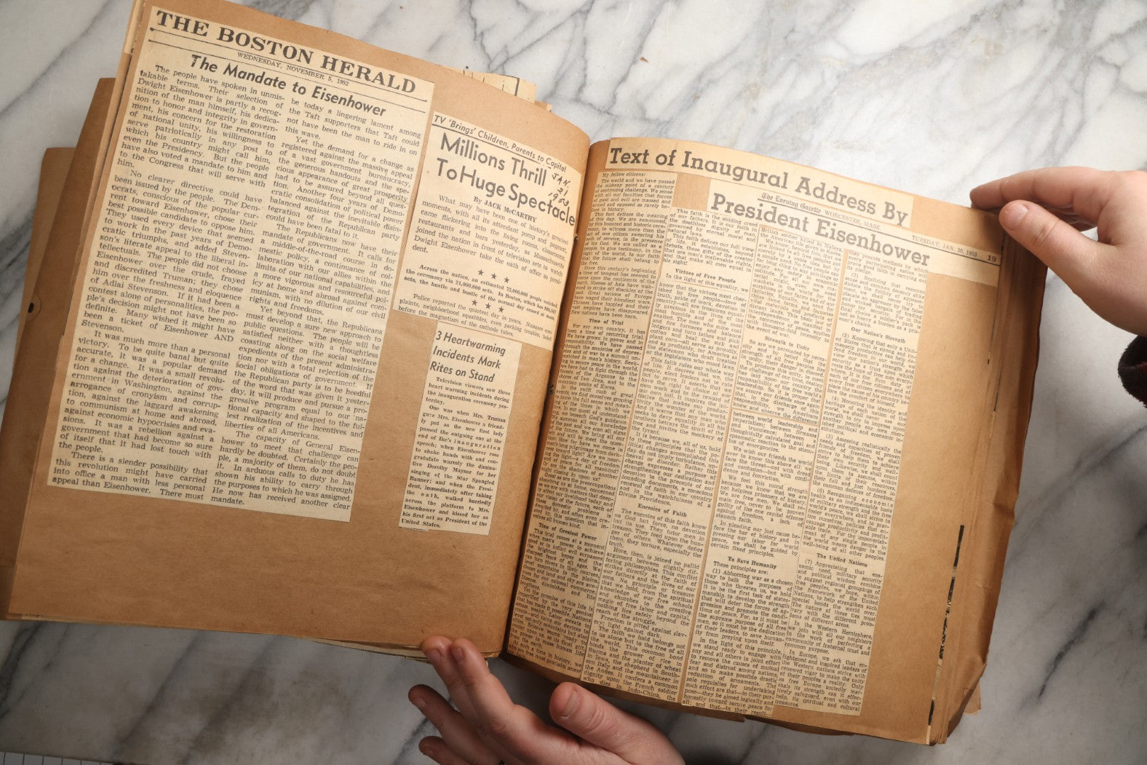 Lot 090 - Antique Brown Craft Paper Scrapbook Album With Boston, Providence, England, St. Petersburg, Bar Harbor, Mt. Vernon, Architecture, Obituaries, Politicians, And War Ephemera, Circa 1944