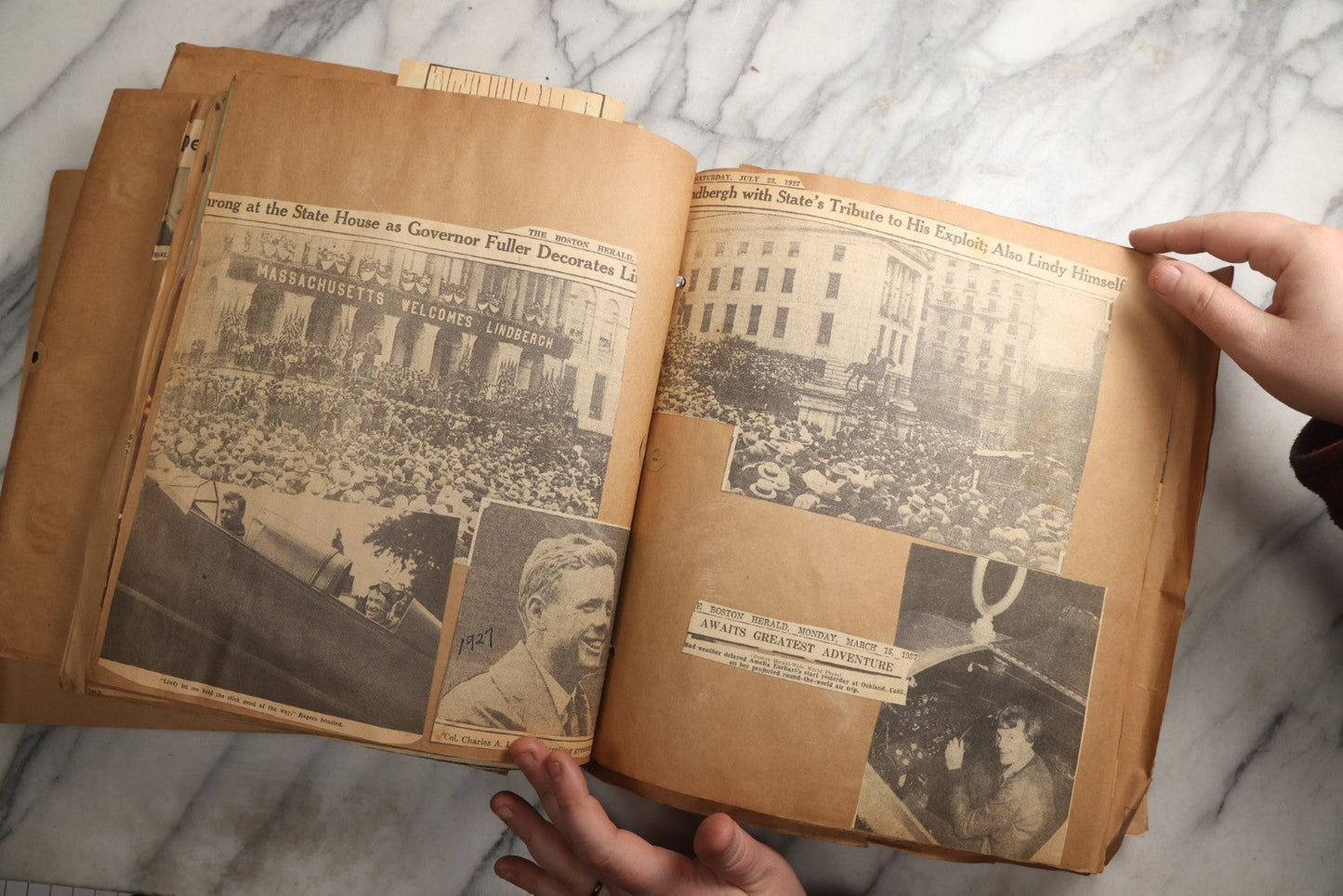 Lot 090 - Antique Brown Craft Paper Scrapbook Album With Boston, Providence, England, St. Petersburg, Bar Harbor, Mt. Vernon, Architecture, Obituaries, Politicians, And War Ephemera, Circa 1944