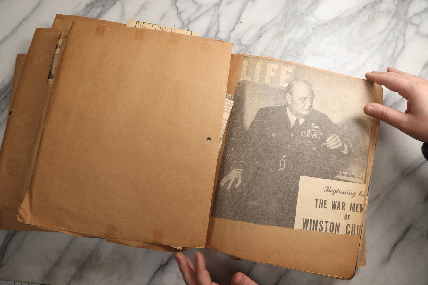 Lot 090 - Antique Brown Craft Paper Scrapbook Album With Boston, Providence, England, St. Petersburg, Bar Harbor, Mt. Vernon, Architecture, Obituaries, Politicians, And War Ephemera, Circa 1944