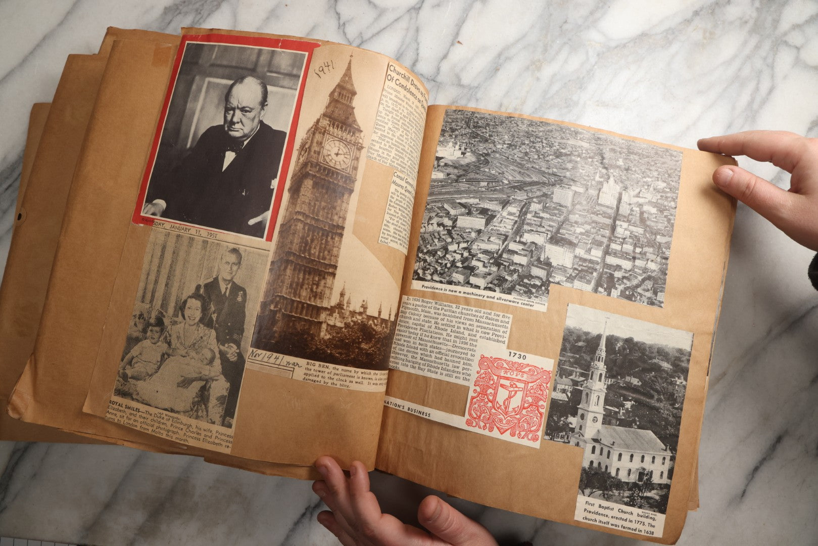 Lot 090 - Antique Brown Craft Paper Scrapbook Album With Boston, Providence, England, St. Petersburg, Bar Harbor, Mt. Vernon, Architecture, Obituaries, Politicians, And War Ephemera, Circa 1944