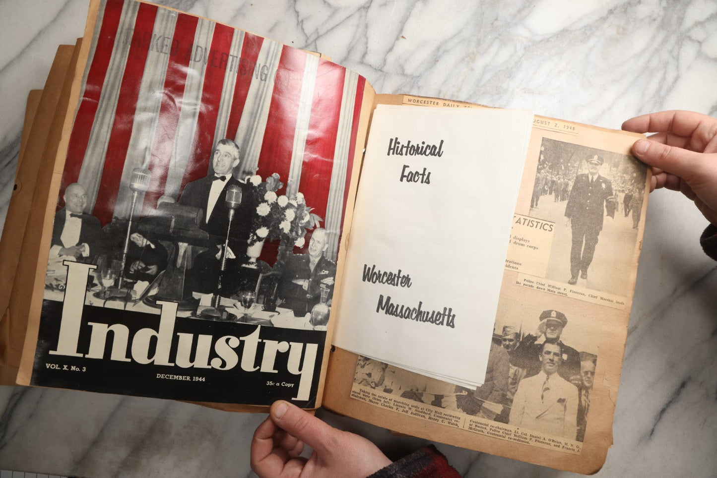 Lot 090 - Antique Brown Craft Paper Scrapbook Album With Boston, Providence, England, St. Petersburg, Bar Harbor, Mt. Vernon, Architecture, Obituaries, Politicians, And War Ephemera, Circa 1944