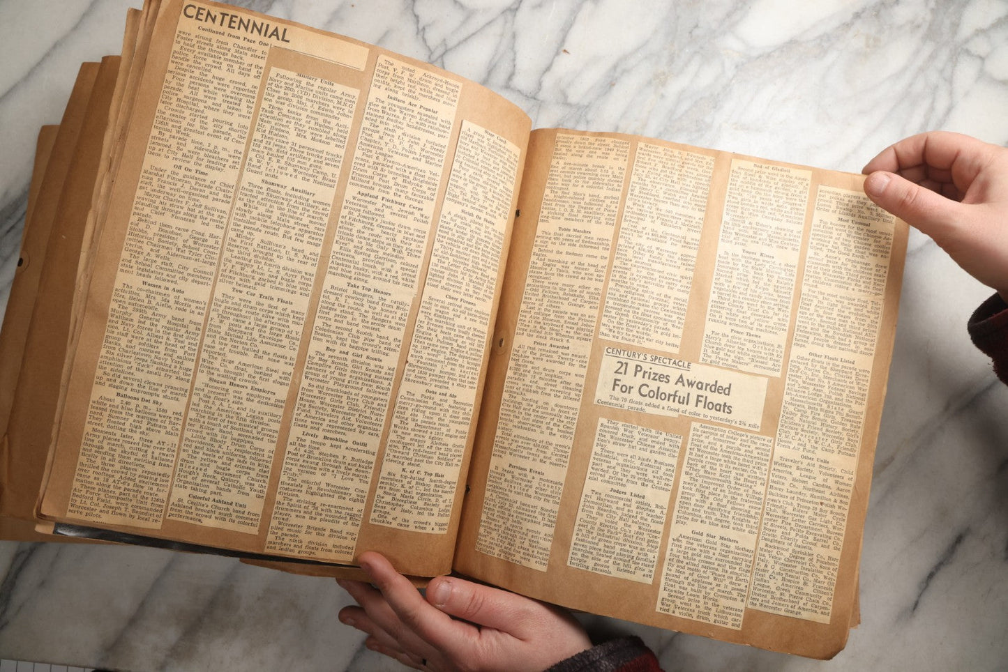 Lot 090 - Antique Brown Craft Paper Scrapbook Album With Boston, Providence, England, St. Petersburg, Bar Harbor, Mt. Vernon, Architecture, Obituaries, Politicians, And War Ephemera, Circa 1944