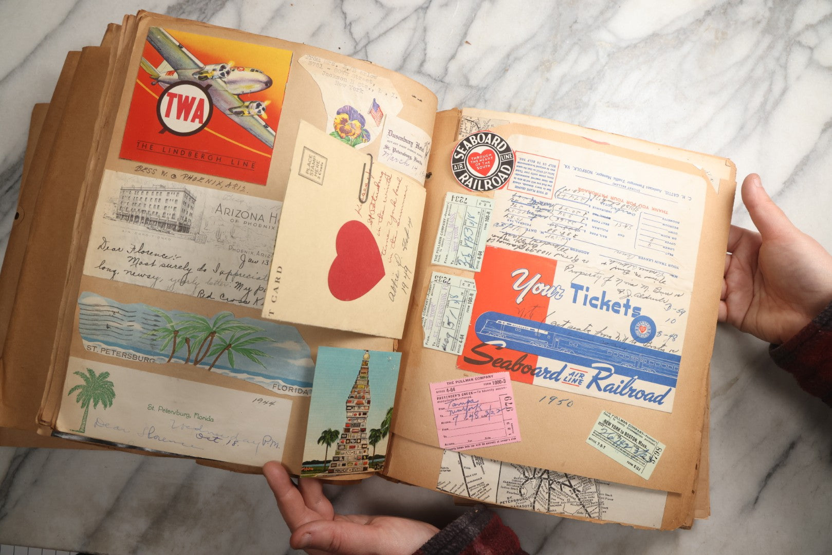 Lot 090 - Antique Brown Craft Paper Scrapbook Album With Boston, Providence, England, St. Petersburg, Bar Harbor, Mt. Vernon, Architecture, Obituaries, Politicians, And War Ephemera, Circa 1944