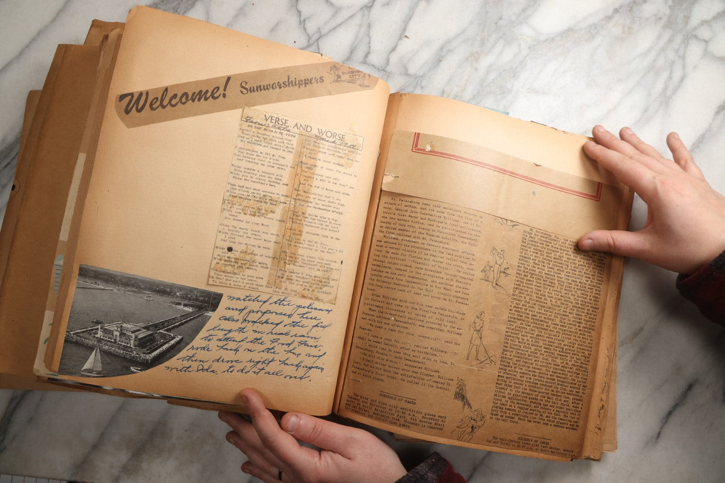 Lot 090 - Antique Brown Craft Paper Scrapbook Album With Boston, Providence, England, St. Petersburg, Bar Harbor, Mt. Vernon, Architecture, Obituaries, Politicians, And War Ephemera, Circa 1944