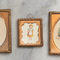 Lot 098 - Trio Of Antique Miniature Die-Cut Chromolithograph Scrap Figures In 1/9th And 1/16th Plate Photo Frames, Including Girl With Muff & Boy With Scythe, Boy With Sword, And Girl In Yellow Dress, All With Backing And Wire Loops