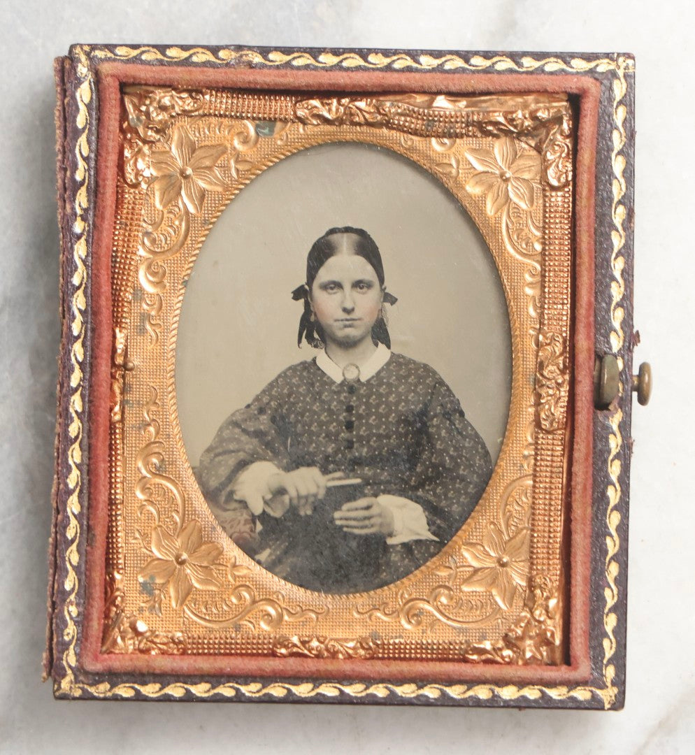 Lot 101 - Antique 1/9th Plate Ambrotype Photograph Of Teenage Girl Holding Object, Identified As Hattie A. Ellis, October 1862, Age 18, In Half Leatherette Union Case, With Geo. W. Clarke Studio Card, Boston, Massachusetts