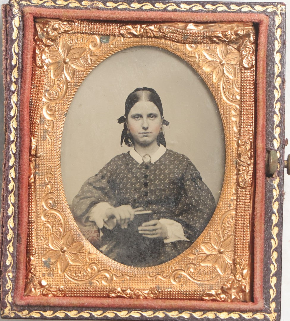 Lot 101 - Antique 1/9th Plate Ambrotype Photograph Of Teenage Girl Holding Object, Identified As Hattie A. Ellis, October 1862, Age 18, In Half Leatherette Union Case, With Geo. W. Clarke Studio Card, Boston, Massachusetts