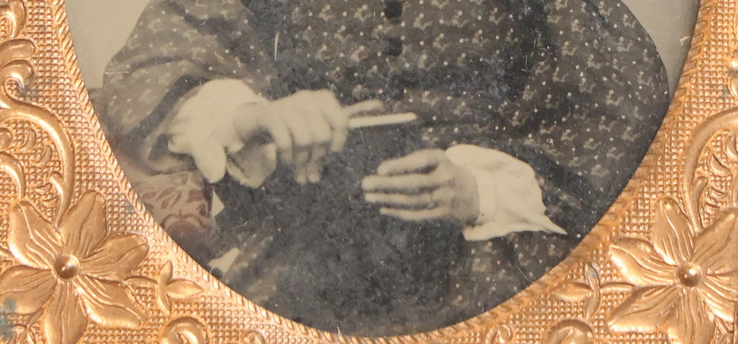 Lot 101 - Antique 1/9th Plate Ambrotype Photograph Of Teenage Girl Holding Object, Identified As Hattie A. Ellis, October 1862, Age 18, In Half Leatherette Union Case, With Geo. W. Clarke Studio Card, Boston, Massachusetts