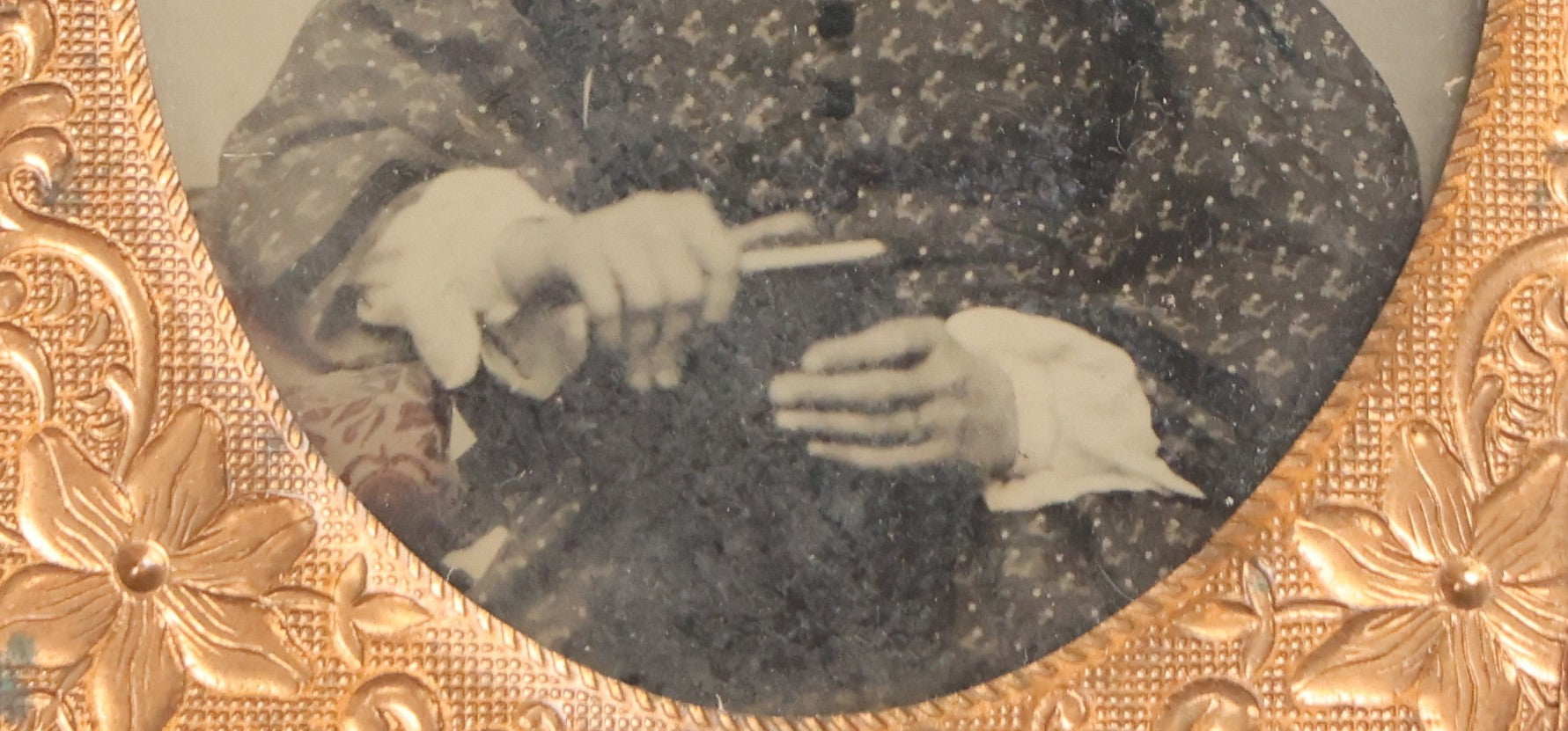 Lot 101 - Antique 1/9th Plate Ambrotype Photograph Of Teenage Girl Holding Object, Identified As Hattie A. Ellis, October 1862, Age 18, In Half Leatherette Union Case, With Geo. W. Clarke Studio Card, Boston, Massachusetts