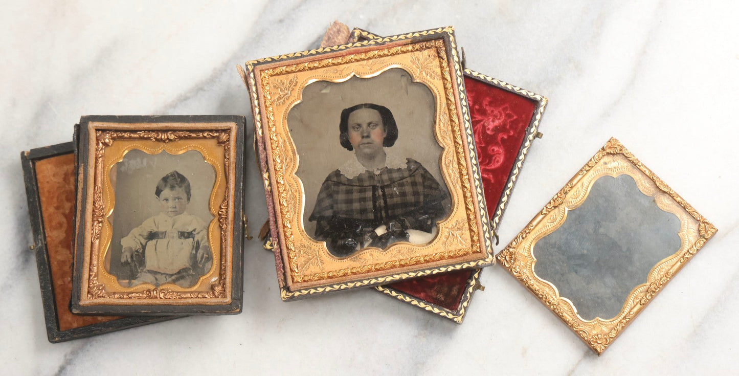 Lot 102 - Trio Of Antique Photographs Including 1/6th Plate Ruby Ambrotype Of Woman With Rosy Cheeks In Full Split Leatherette Case, 1/9th Plate Tintype Of Boy In Split Leatherette Case, And 1/9th Plate Tintype Of Woman With Mat And Preserver, No Case