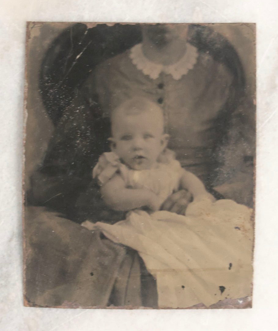 Lot 106 - Grouping Of Seven Antique “Not-So-Hidden Mother” Tintype Photographs Of Children With Mothers Or Assistants Conspicuously Visible In Shot, Including Examples With Striped Covering, Dark Curtain, Motion Blur, And More