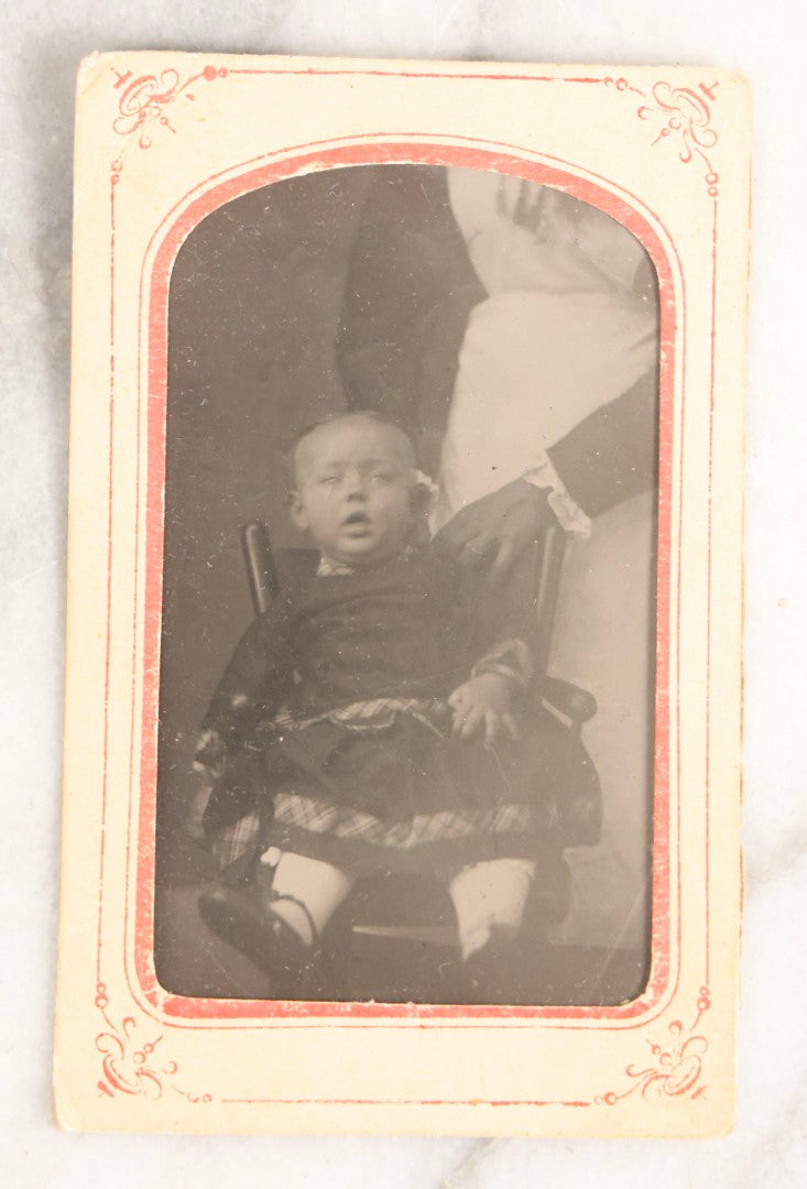 Lot 106 - Grouping Of Seven Antique “Not-So-Hidden Mother” Tintype Photographs Of Children With Mothers Or Assistants Conspicuously Visible In Shot, Including Examples With Striped Covering, Dark Curtain, Motion Blur, And More