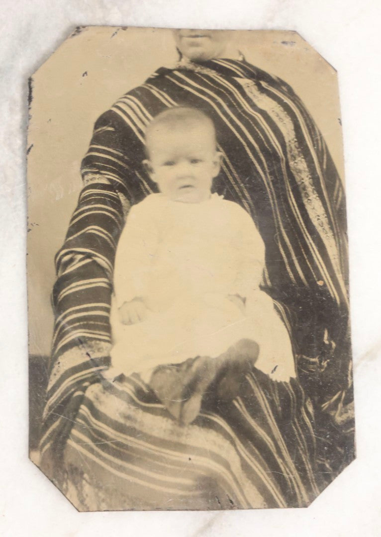 Lot 106 - Grouping Of Seven Antique “Not-So-Hidden Mother” Tintype Photographs Of Children With Mothers Or Assistants Conspicuously Visible In Shot, Including Examples With Striped Covering, Dark Curtain, Motion Blur, And More