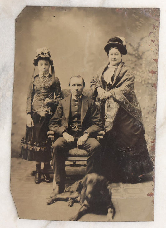 Lot 110 - Antique Near Half Plate Tintype Photograph Of Family Group With Mother, Father, Daughter, And Blurry Black Dog Seated At Their Feet, In Black Paper Frame